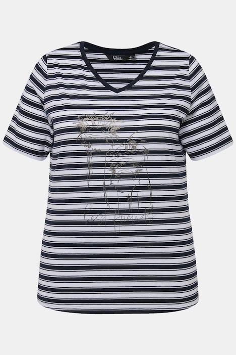 T-Shirt, Ringel, Metallic-Tiermotiv, V-Ausschnitt, Halbarm