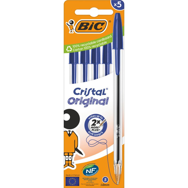 Stylo bille Bic Cristal Original à capuchon pointe 1 mm écriture moyenne - Pochette de 5