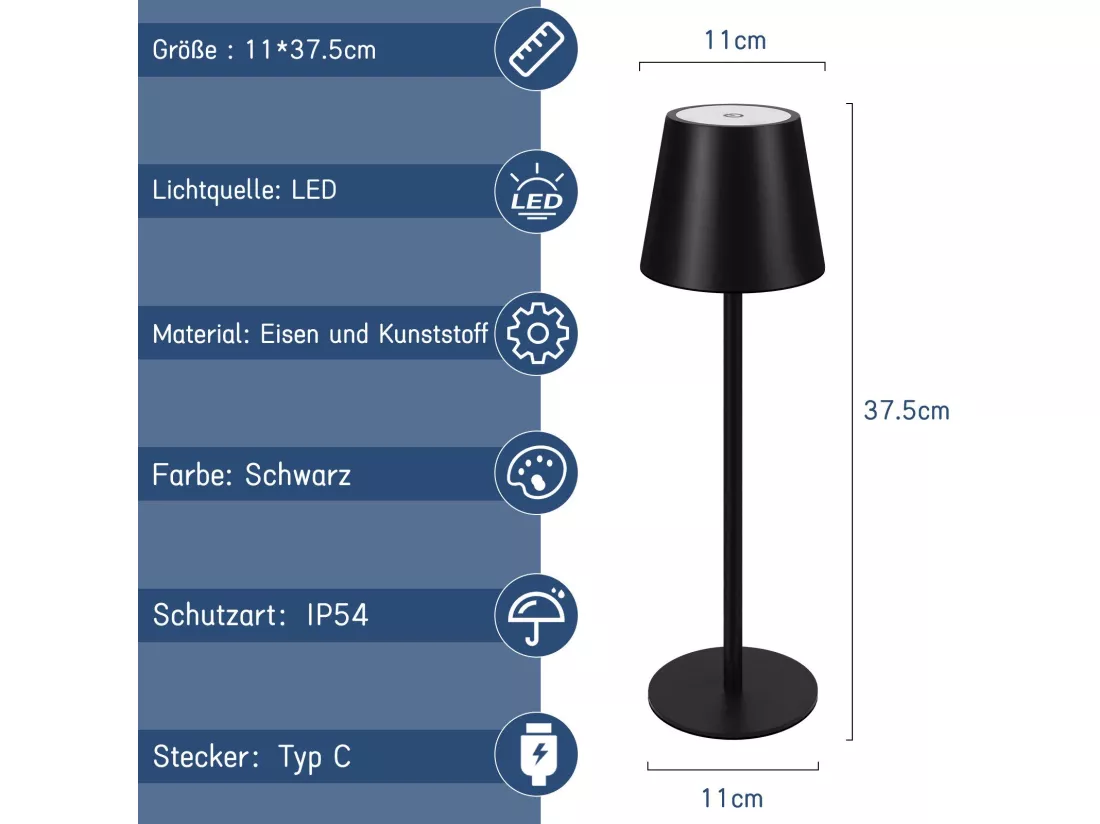 Nettlife Lampe de chevet sans fil, LED 2600mAh, lampe de table extérieur rechargeable, tactile, noire, avec USB