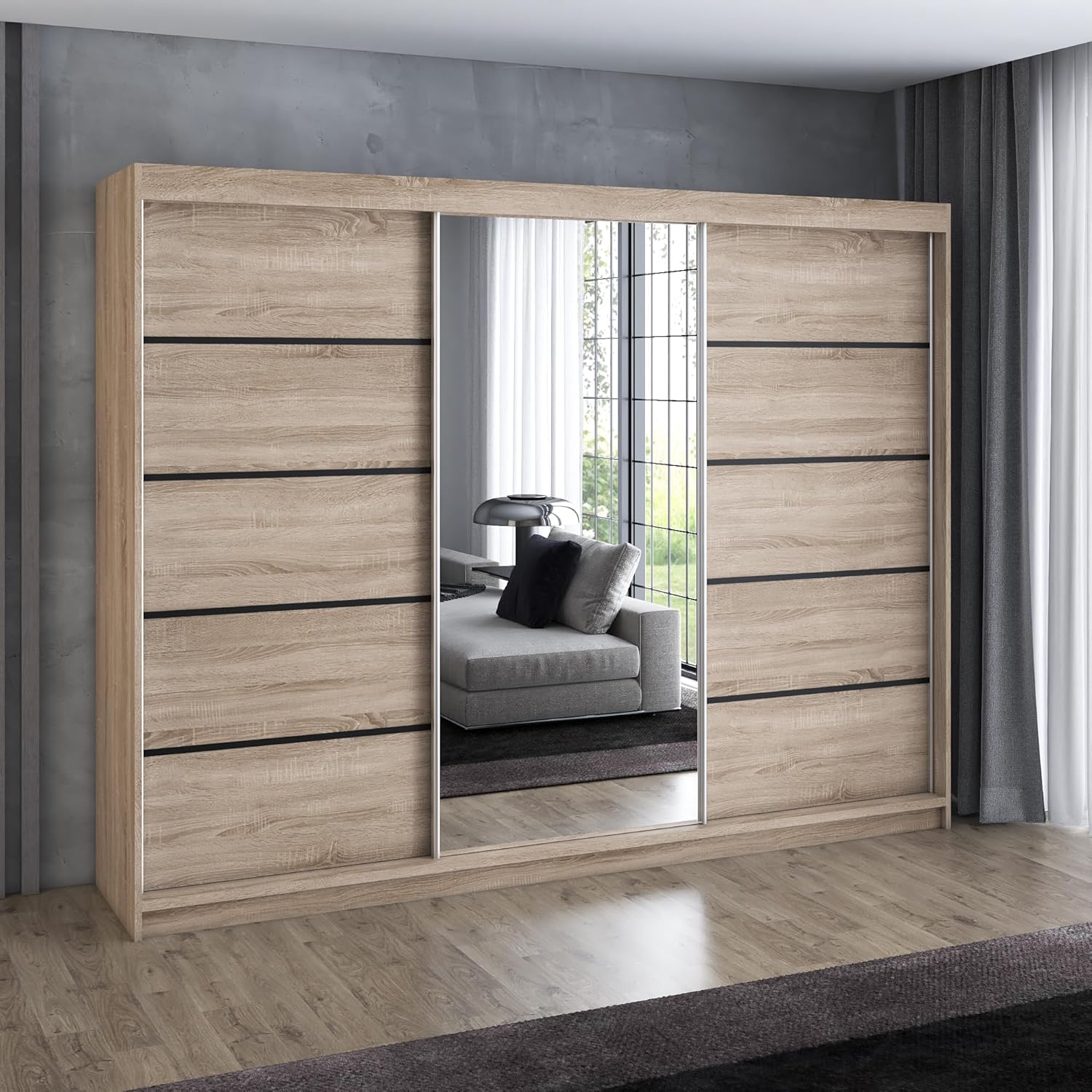 A&J MöbelLand Schwebetürenschrank VILUNO 2 Kleiderschrank 3-türig 200 cm mit Spiegel, 4 Schubladen & 2 Kleiderstangen, Geräumiger Schlafzimmerschrank (Sonoma)