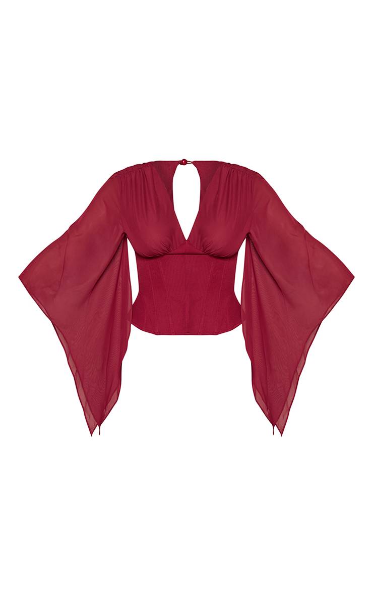 Rouge Bordeaux Haut À Manches Drapées En Mousseline Avec Taille Corset