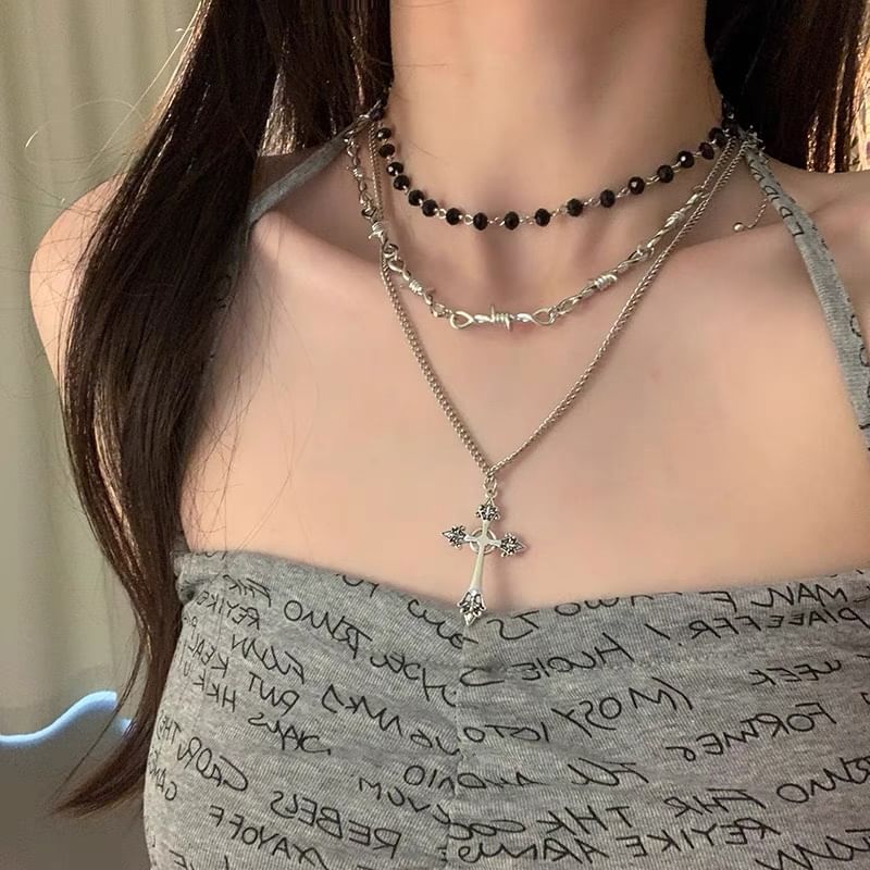 Bolgivy - Kruis hanger legering ketting / Doorn legering choker / Glazen kraal legering choker