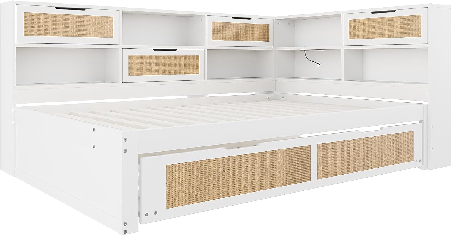 Tagesbett Schlafsofa 140x200, Holz Multifunktionsbett mit Ausziehbett 90x190 cm, USB-Steckdose und vielen Staufächern, Doppelbett Massivholzbett Kinderbett Daybett mit Lattenrost, Ohne Matratze, Weiß