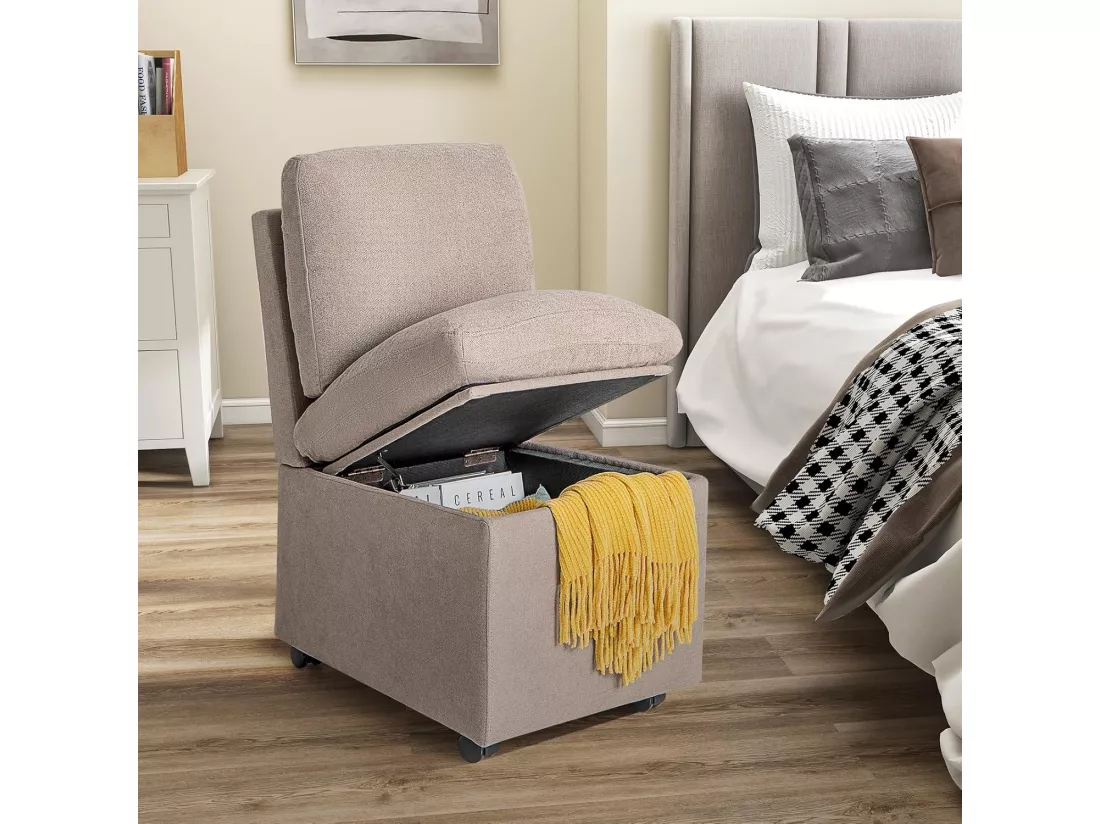 Fauteuil Salon Rembourrée avec Rangement et Roues, Chaise d'Appoint sans Accoudoirs en Tissu avec Coussins Amovibles, Ottoman de Rangement avec Dossier pour Salon, Chambre, Bureau (Style 1)