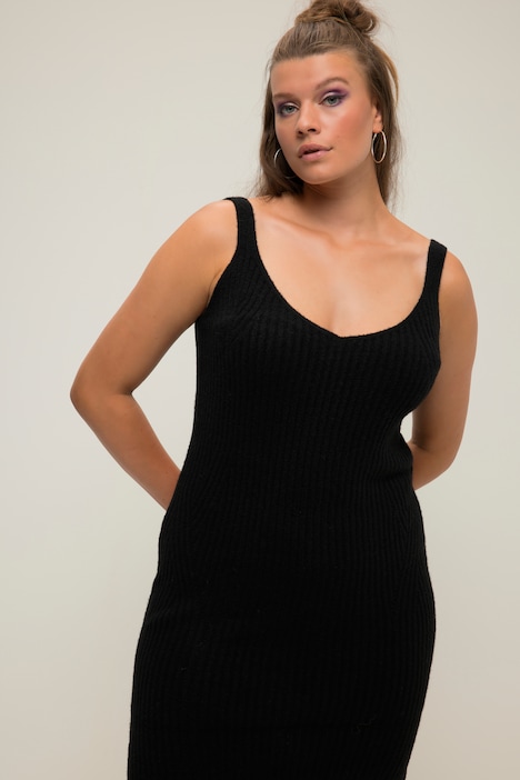 Strickkleid, Straight Shape, Trägerform, V-Ausschnitt, Ripp-Strick
