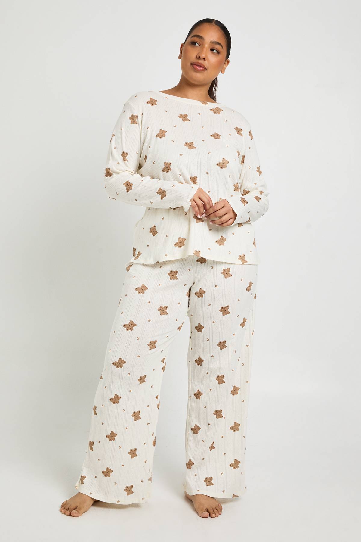 boohoo Ensemble Pyjama Grande Taille Haut Manches Longues Et Pantalon Motif Ours En Pointelle