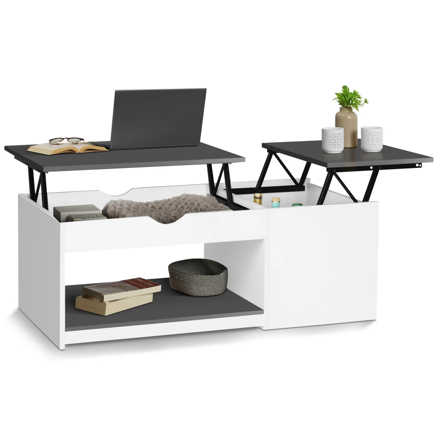 Table basse 2 plateaux relevables EYLA avec coffre bois blanc et gris