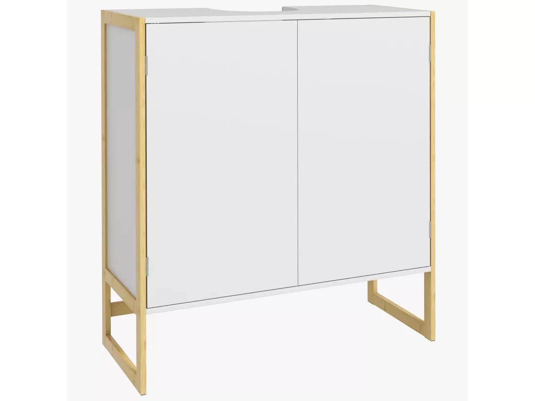 Meuble sous-vasque - 2 portes, étagère - châssis piètement bambou MDF blanc