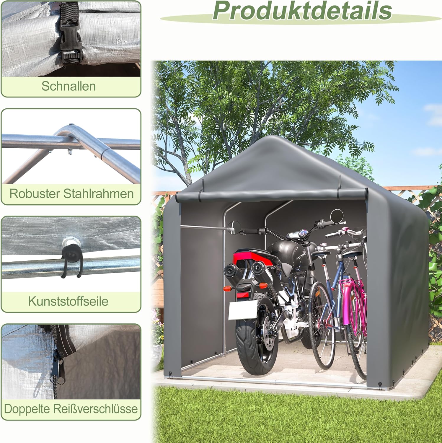 Ball & Cast Fahrradgarage wetterfest Geräteschuppen für 2-4 Fahrräder Carport Zelt mit UV-Schutz Fahrradschuppen für Regenschutz Motorrad Garage Gartenhaus Grau 160×220×165 cm