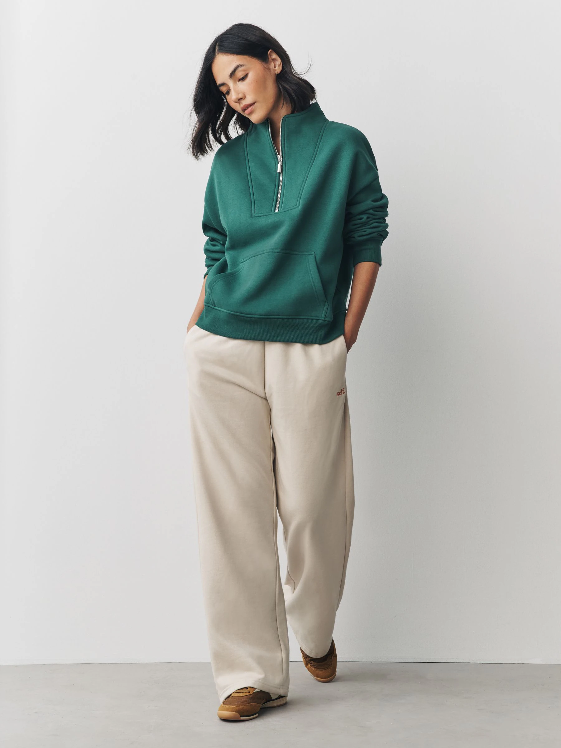 Blauwgroen - Relaxed fit sweatshirt van zware katoenrijke jersey met ritssluiting bij de hals