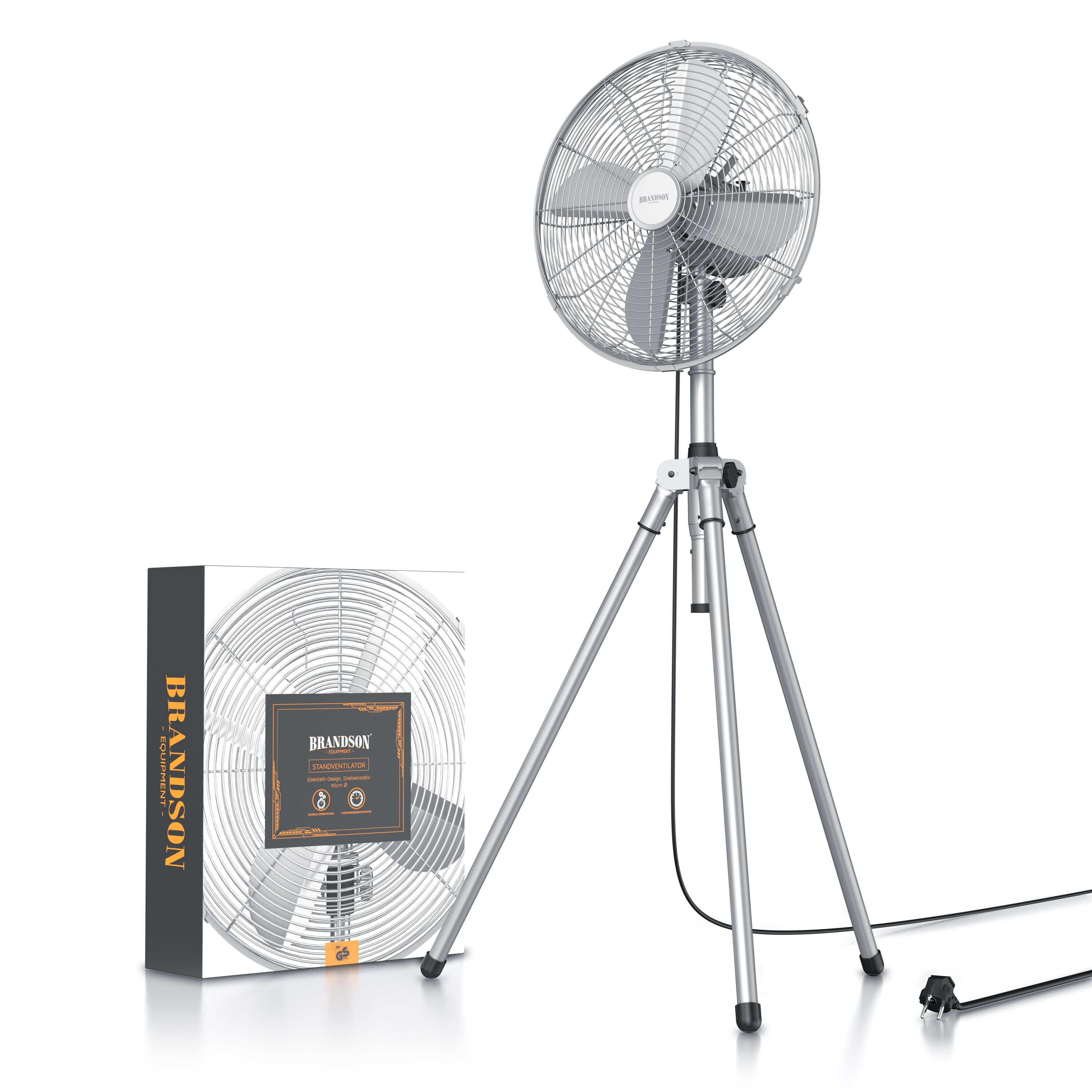 Brandson Standventilator 45 cm mit 3 Geschwindigkeiten, Ventilator mit Dreibein-Stativ, 60 Watt, oszillierend, Silber/Edelstahl