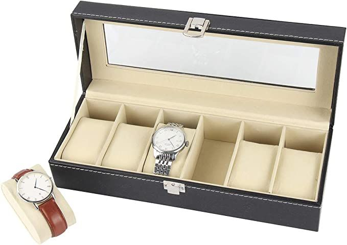 (6 Slots) Leder Uhrenbox Schmuckschatulle Organizer mit Glasdeckel - Schwarz