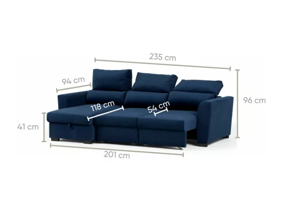 Canapé méridienne 3 places réversible en polyester bleu
