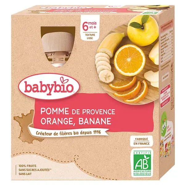 Sachês Babybio Maçã Laranja Banana Orgânicos +6 meses 4 x 90g