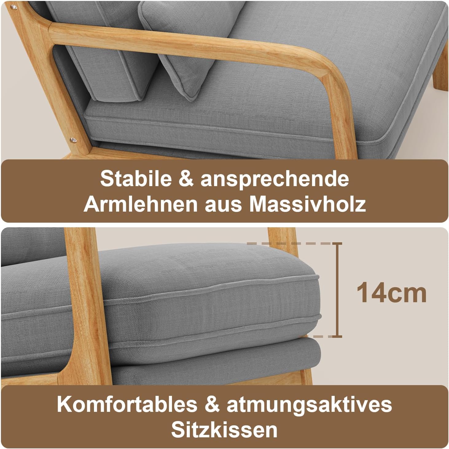 Lounge-Sessel, Lounge-Stuhl mit Armlehnen&Holzrahmen, Moderner Polstersessel für Wohnzimmer, Schlafzimmer, Leseecke, Büro (82 x 65 x 75 cm, Grau)