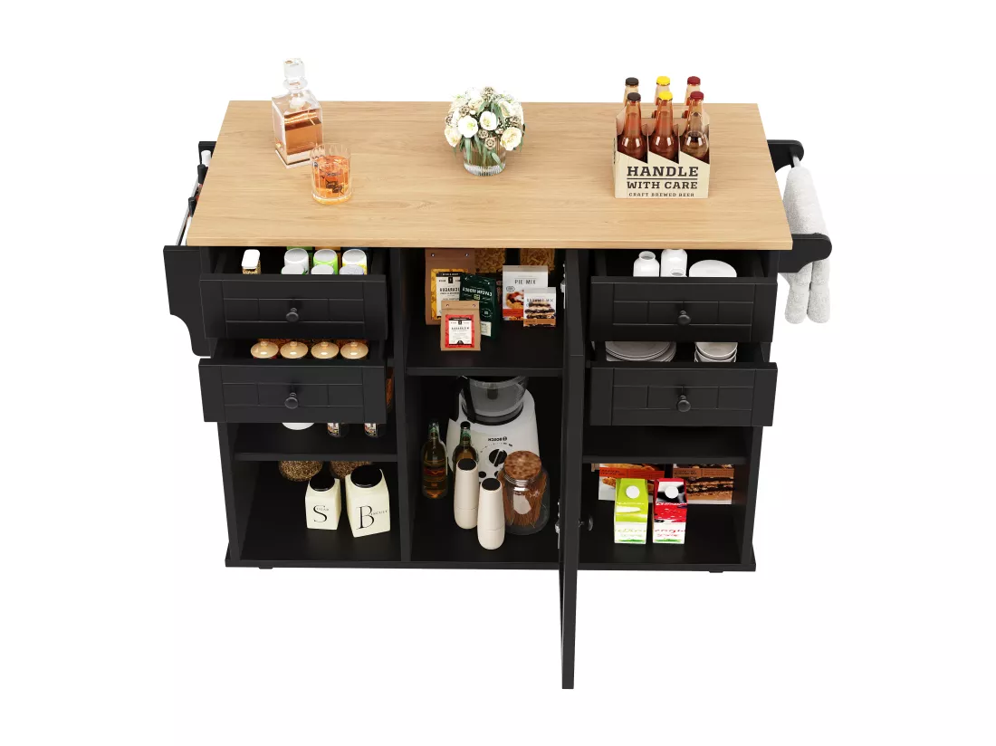Ilot central de cuisine mobile avec 4 tiroirs, 1 porte et étagères de rangement - 127 x 46 x 91.5 cm - MDF et métal - Noir