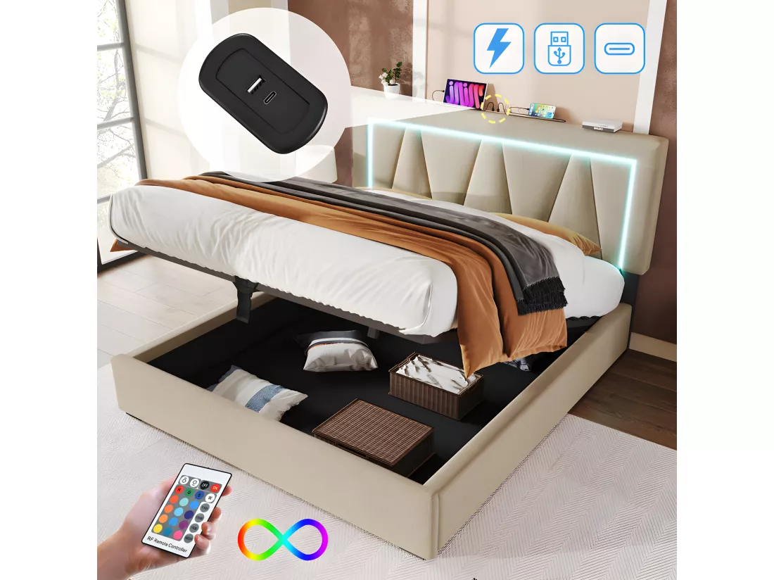 Lit coffre rembourré 160x200cm avec LED et Port de charge USB et Type-C - Tissu en Lin - sommier à lattes - Beige