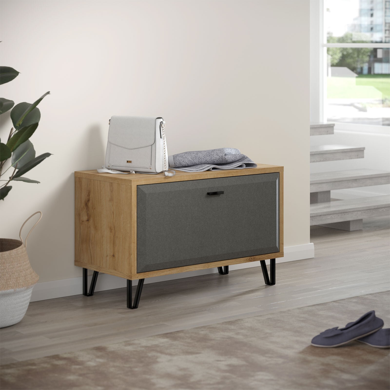 Garderobenbank Blanshe 79 x 51 cm Dark Grey/ Eiche Navarra
