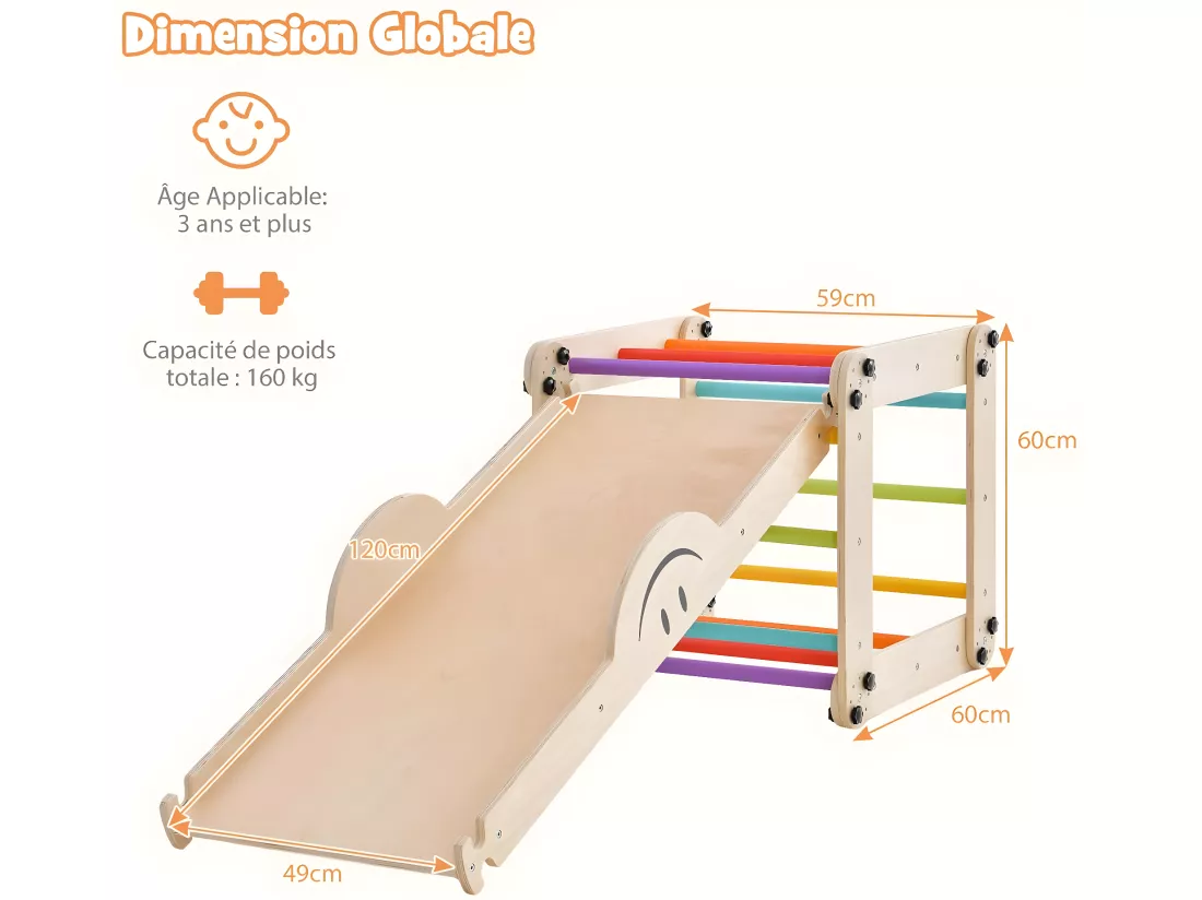 5 en 1 Échelle d'escalade Montessori Enfants avec Rampe Double Face & Réglable, Jouet d'escalade Pliable en Bois avec Toboggan & Bricolage Amusant, Charge 60kg pour Tout-Petits de 3 Ans+
