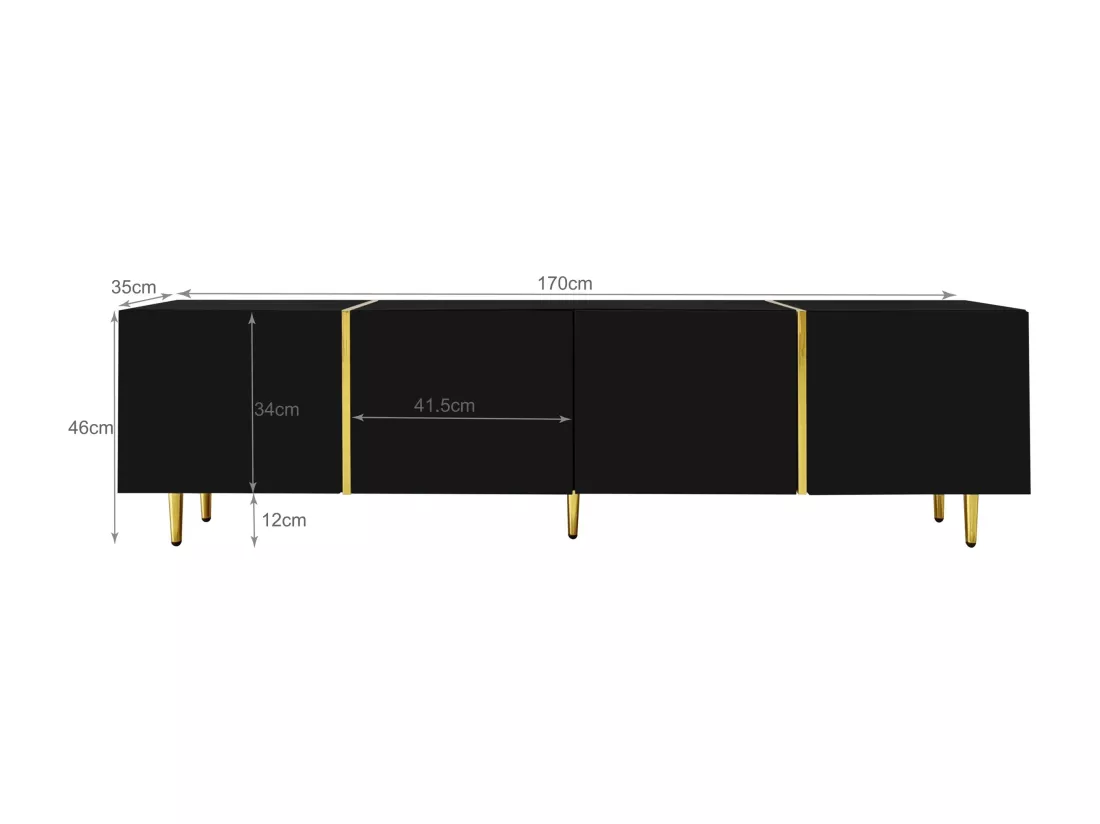 Meuble TV L 170cm - avec 4 portes - MDF - Noir