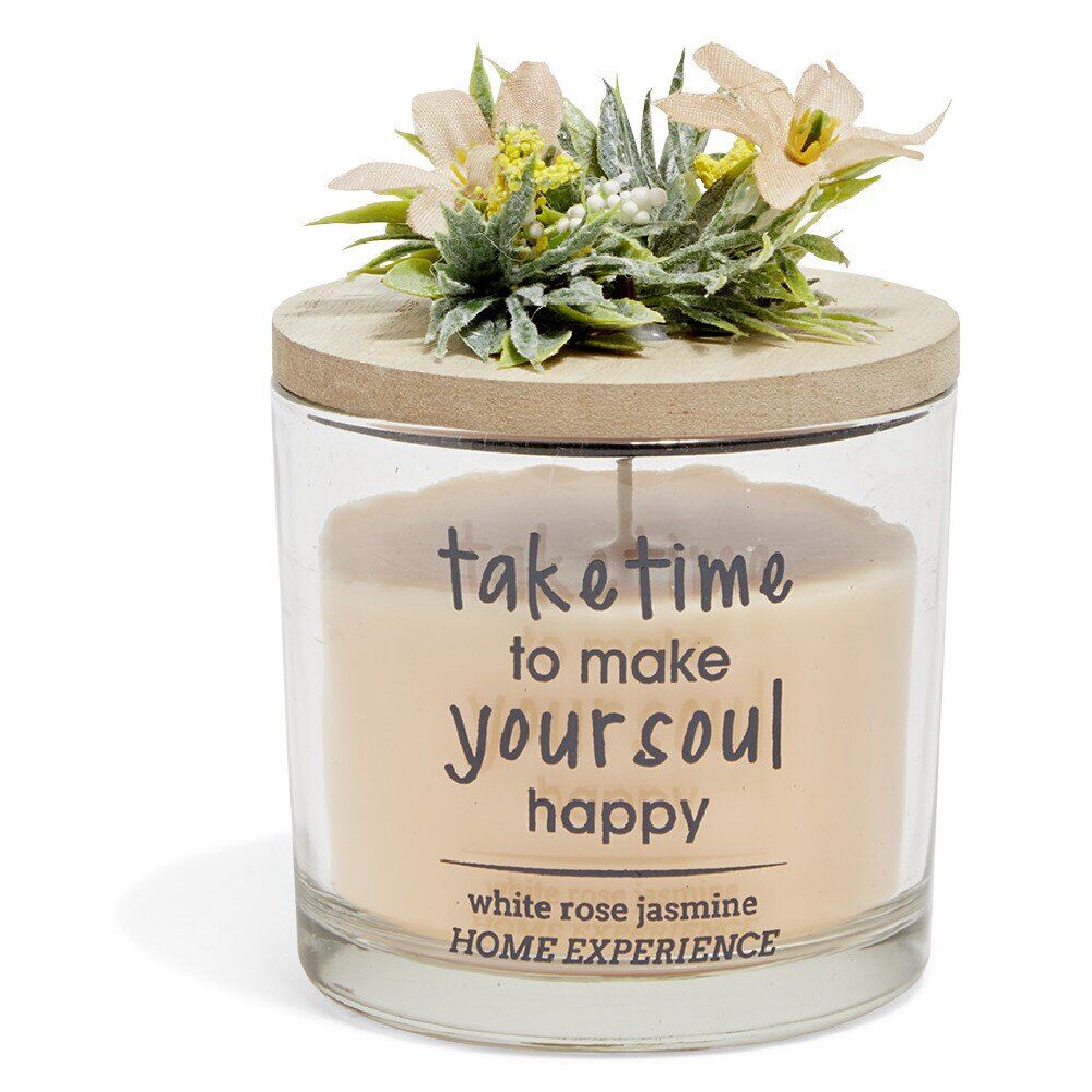 Bougie parfumée dans verre couvercle bois fleur message