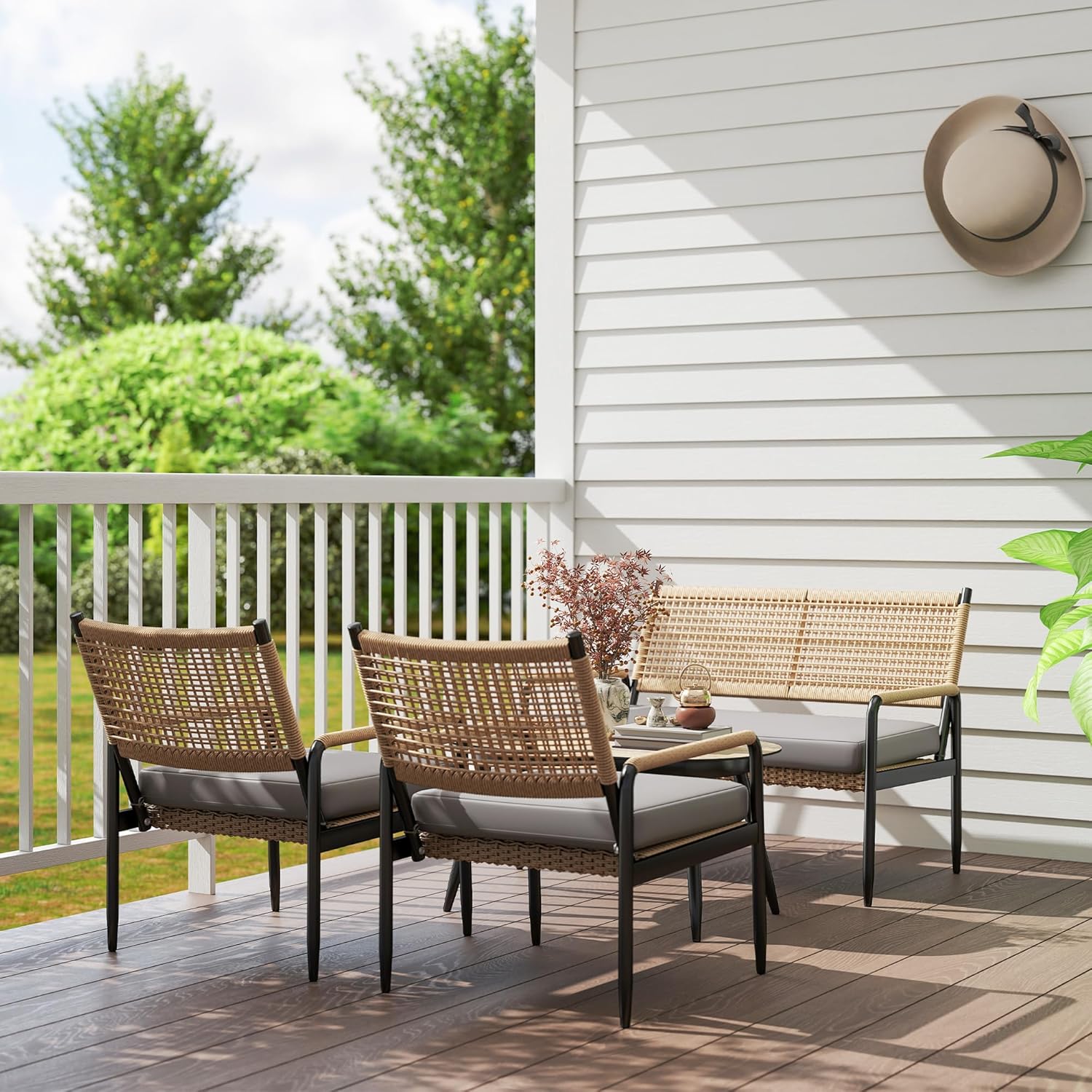 Outsunny Gartenmöbel Set aus Polyrattan Lounge-Set mit 2er Sofa Sessel Glastisch Kissen wetterfest Sitzgruppe für 4 Personen Outdoor Balkonmöbel Set Terrassenmöbel für Garten Balkon Dunkelgrau+Gelb
