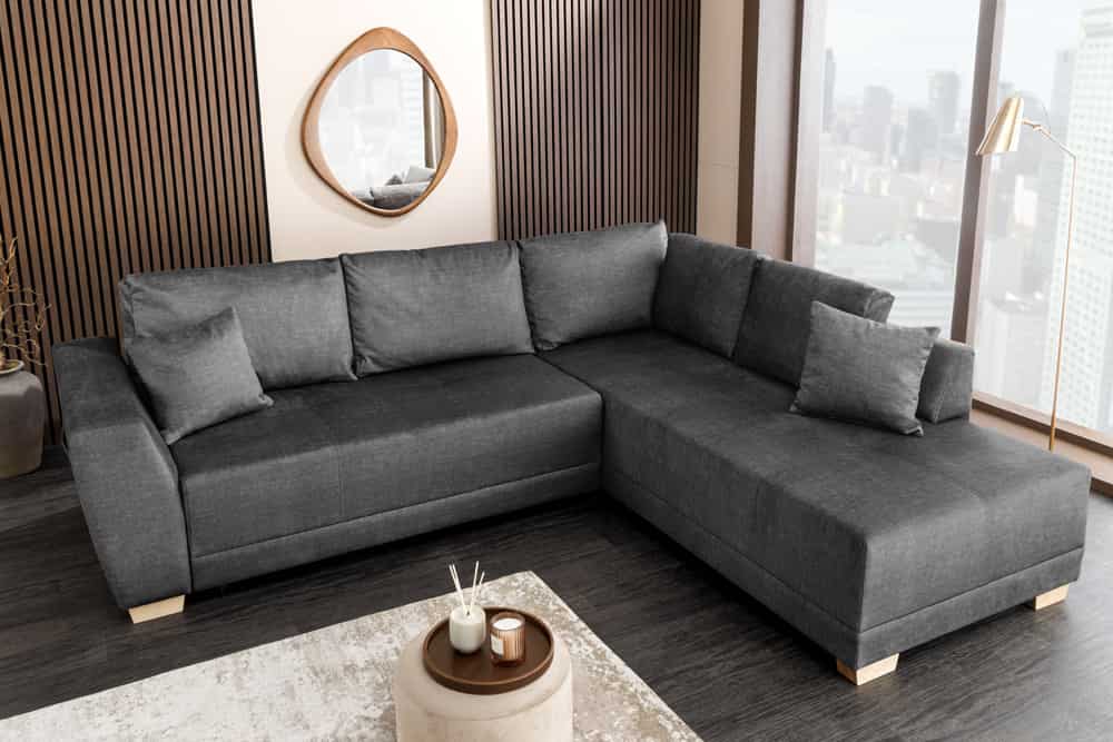 Modernes Ecksofa NORWAY 250cm grau Vogue Velours Samt Schlafsofa mit Stauraum