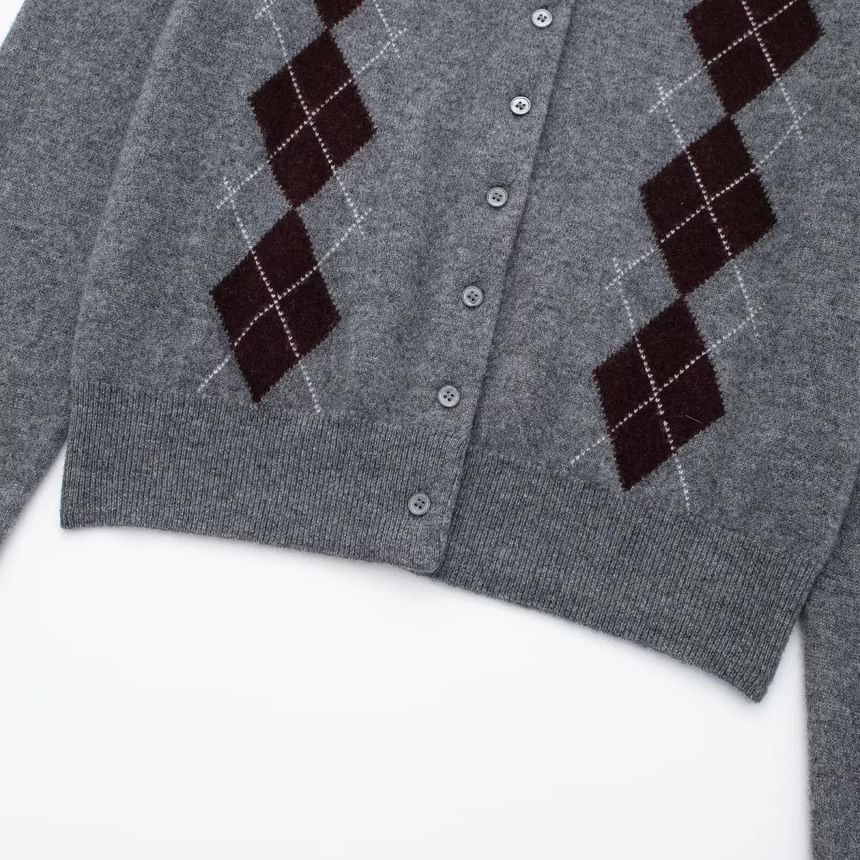 Omelia - Argyle Print Polo-hals Knoopsluiting Cardigan