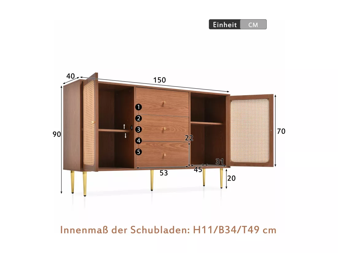 Armoire à tiroirs avec 2 portes et 3 tiroirs, étagère réglable pour salon chambre à coucher, noyer h90 / B150 / T40 cm