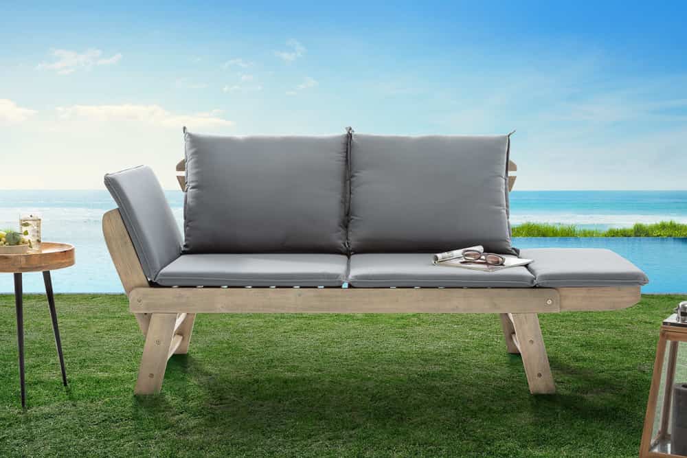 Massivholz Sitzbank MODULAR 155-190cm grau Akazie inkl. Kissen Gartenbank klappbar