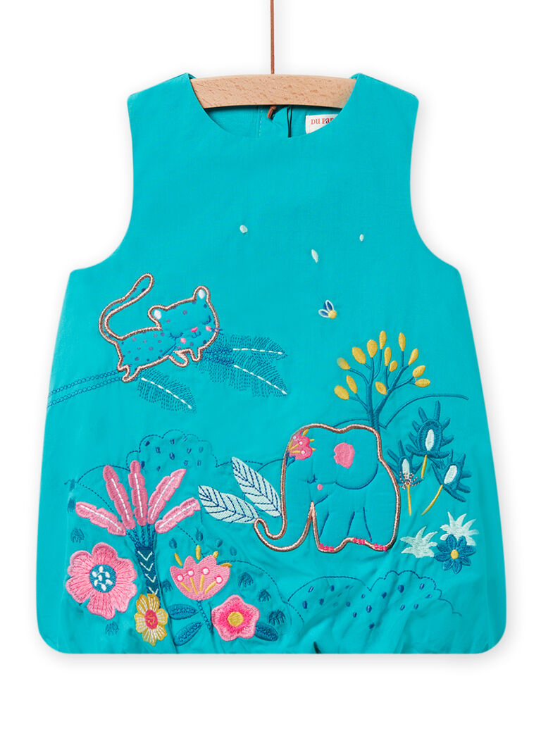 Robe boule bleu turquoise brodée en popeline bébé fille