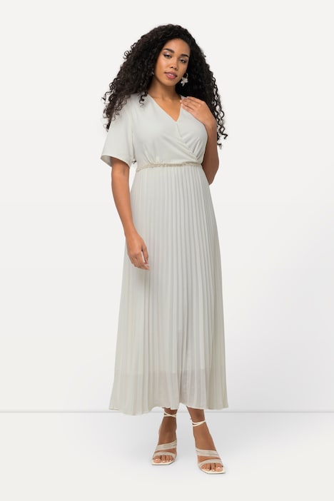 Maxikleid, Plissee, Wickeloptik, V-Ausschnitt, Halbarm