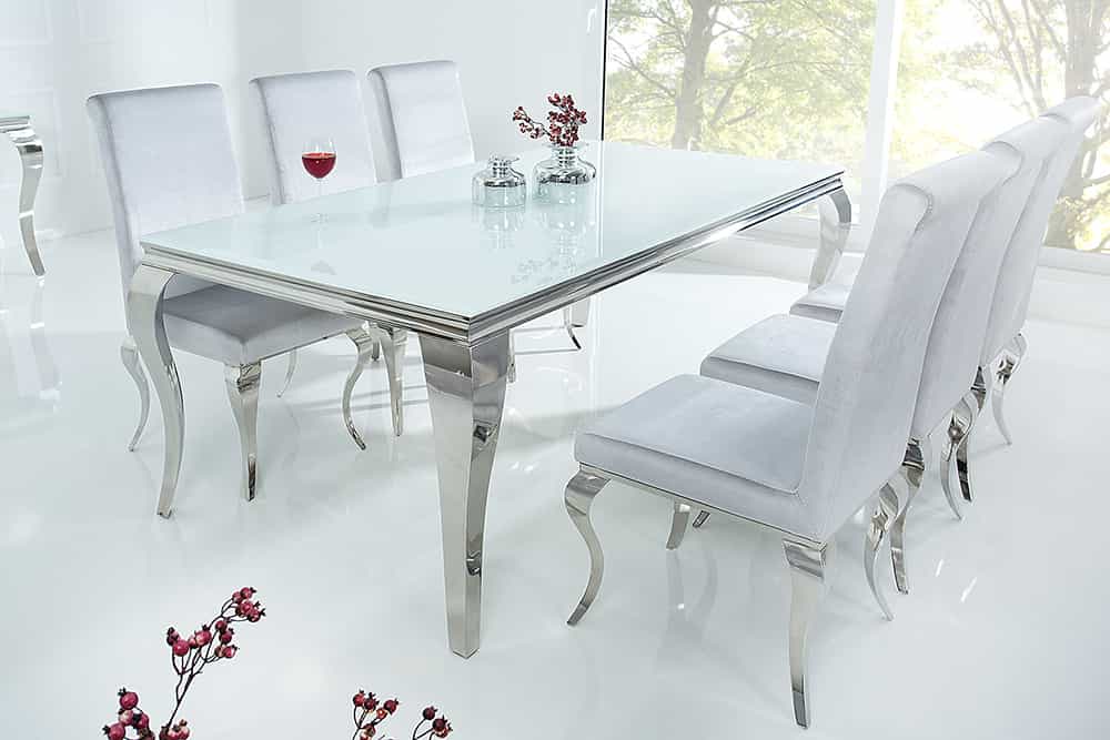 Eleganter Design Esstisch MODERN BAROCK 200cm weiß Edelstahl Opalglas Tischplatte