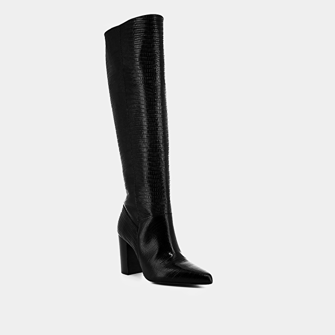Bottes hautes à talons et bouts pointus  en cuir reptile noir