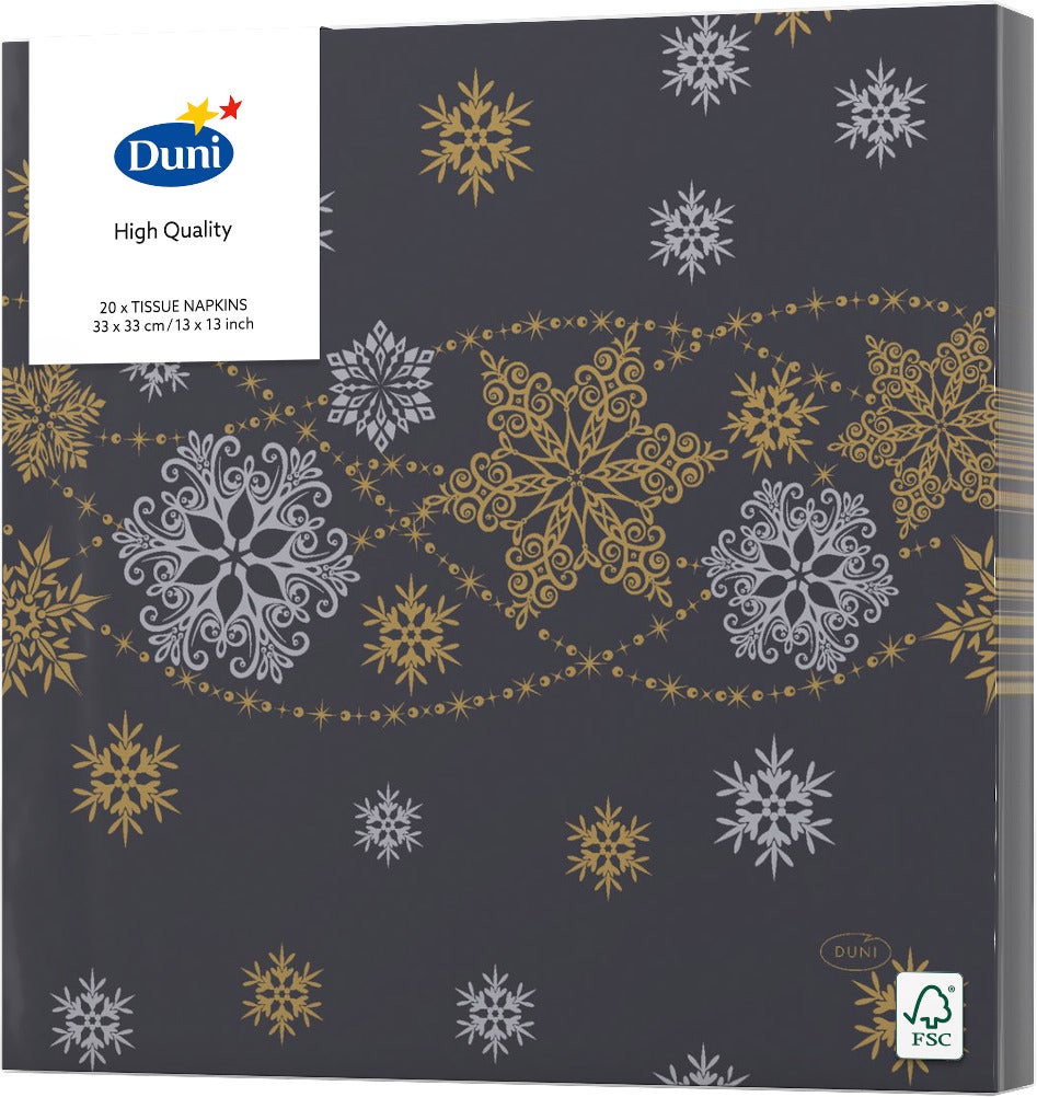 Duni servetten Snow Glitter zwart 33 x 33 cm 20 stuks