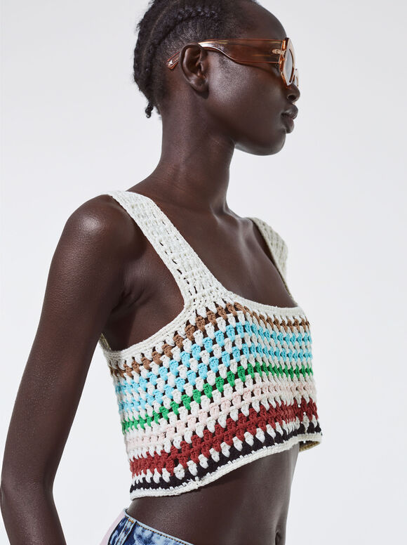 Top cropped de crochê em algodão - Multicolorido