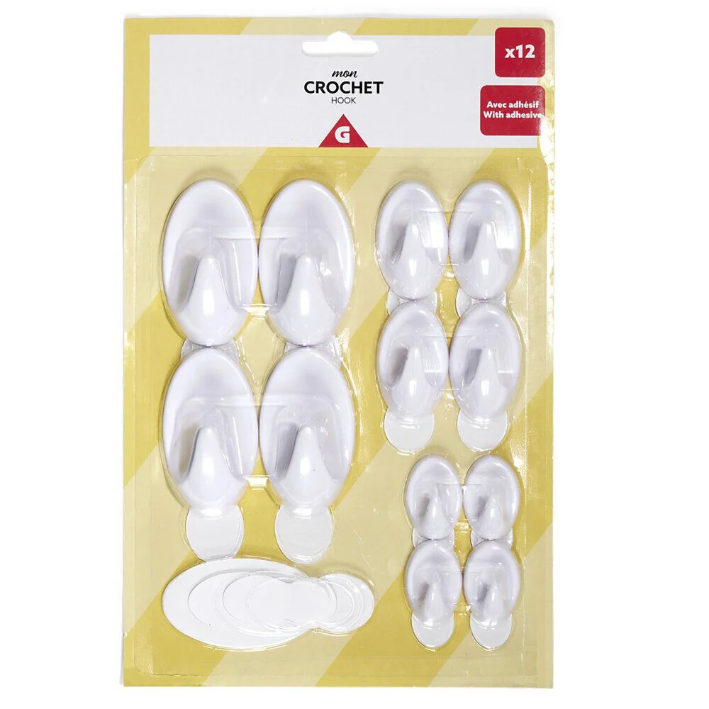 Lot de 12 crochets adhésifs plastique blanc