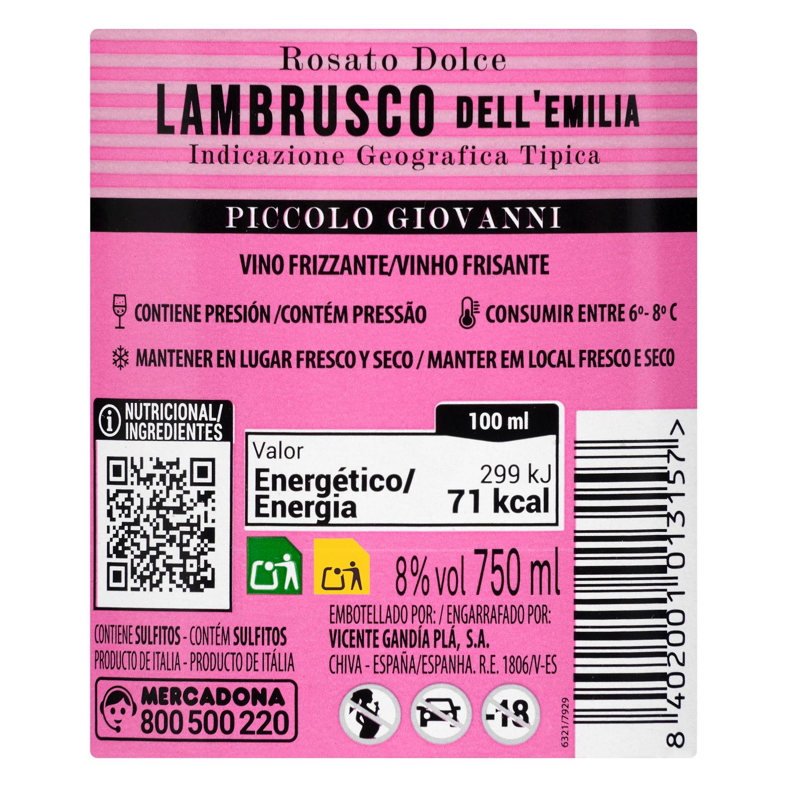 Lambrusco dell'Emilia rosé pétillant Piccolo Giovanni