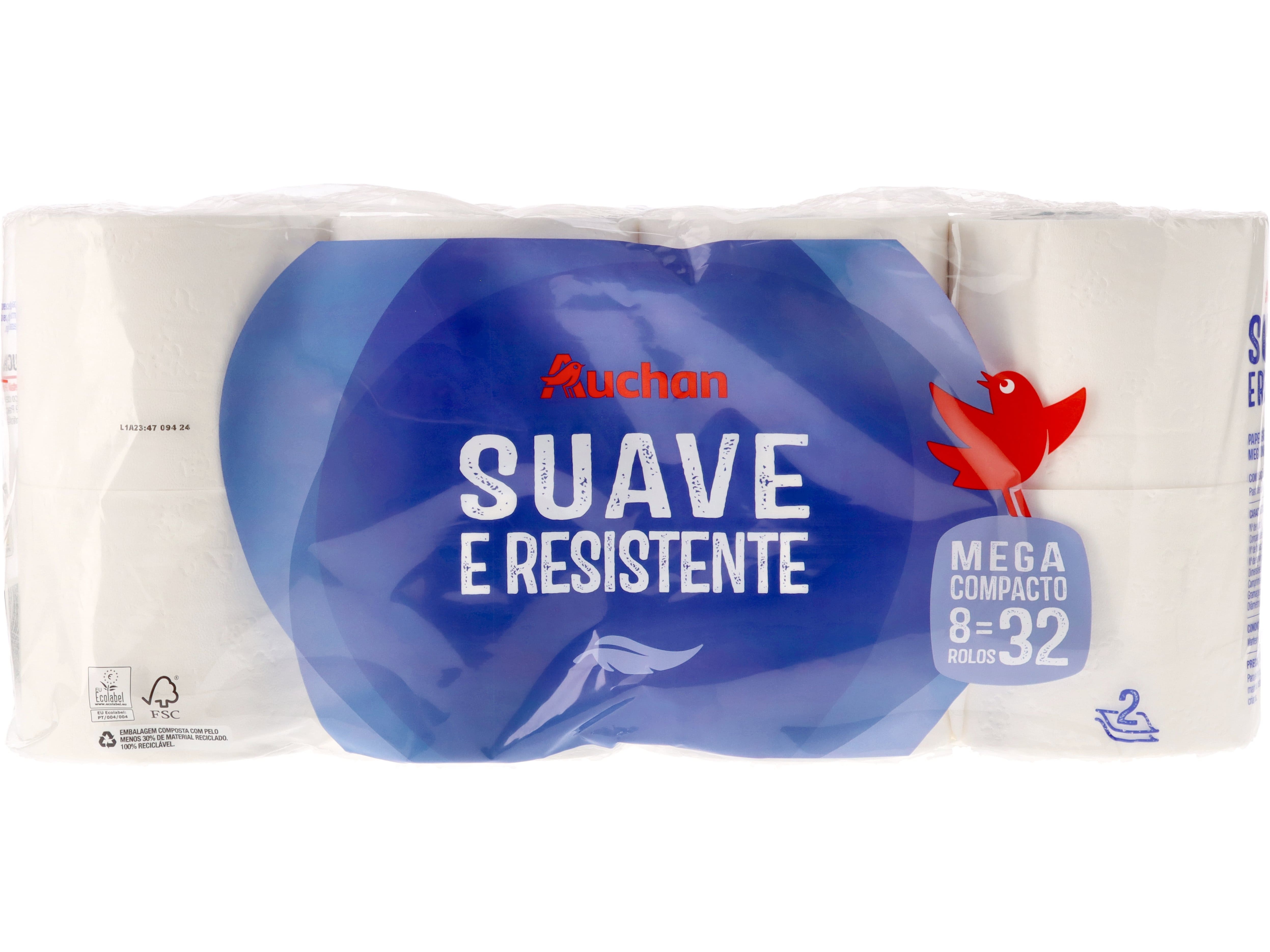 PAPEL HIGIÉNICO AUCHAN SUAVE E RESISTENTE FOLHA DUPLA MEGA COMPACTO 8 ROLOS = 32 ROLOS