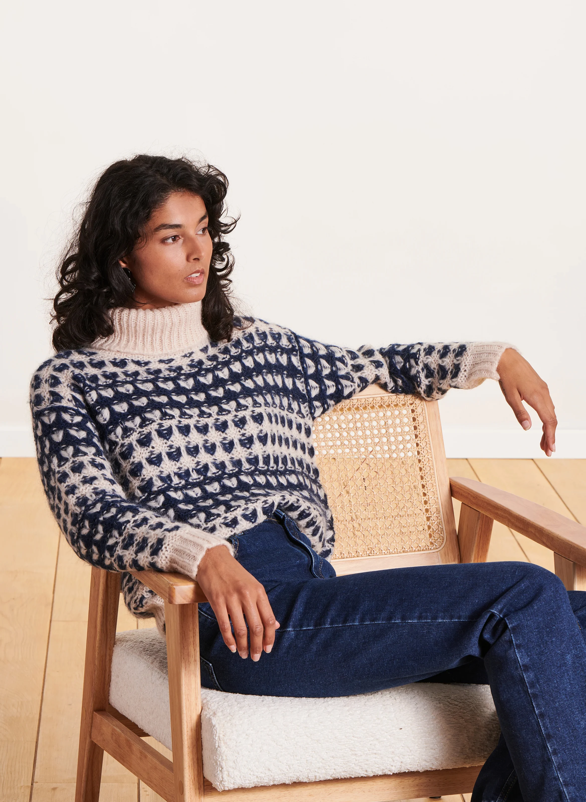 Pull col roulé en maille jacquard | Bleu