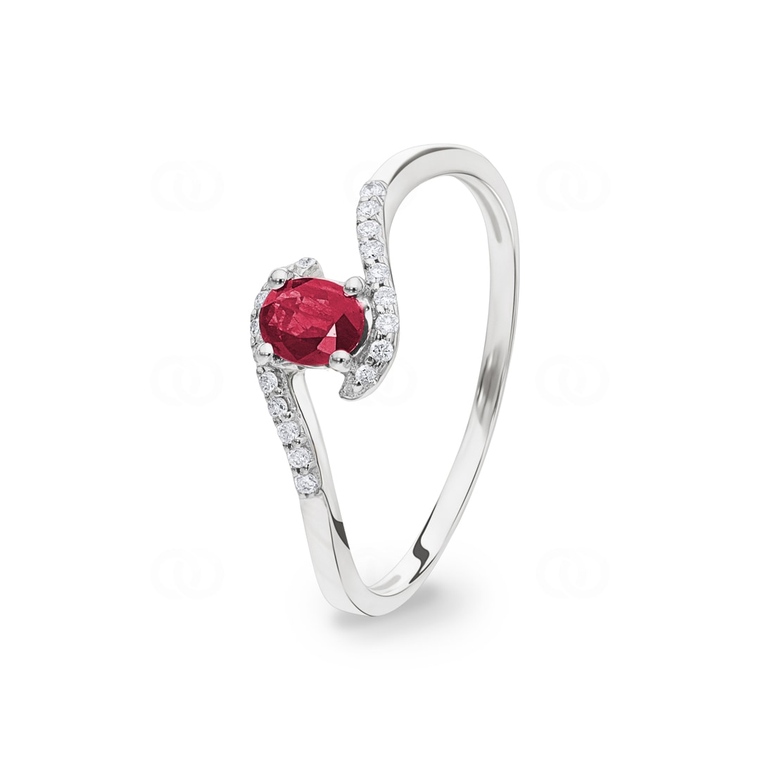 Damenring 750/18 K Weissgold mit Rubin oval und Diamanten 0.07 ct H/si