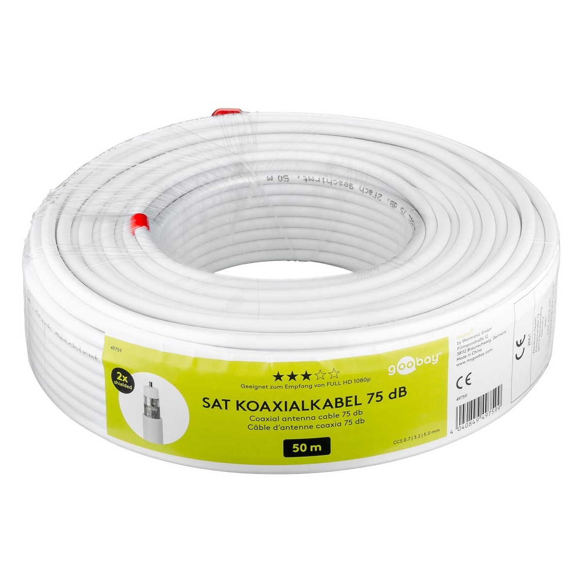 75 dB koaksial antennekabel, 2x skjermet, 50 m hvit