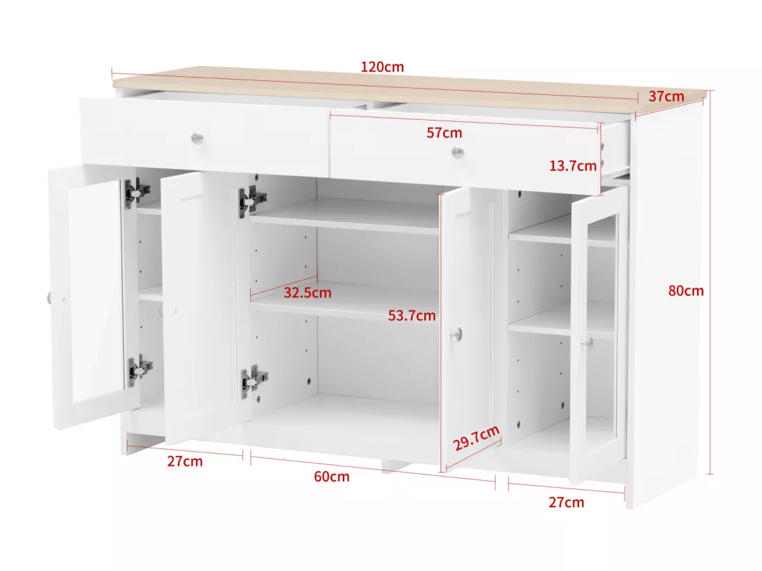 Buffet en bois blanc veiné 120 Lx37 Bx80H(cm) - Buffet avec 4portes avec verre et 2 tiroir pour cuisine, salon, salle à manger - Blanc
