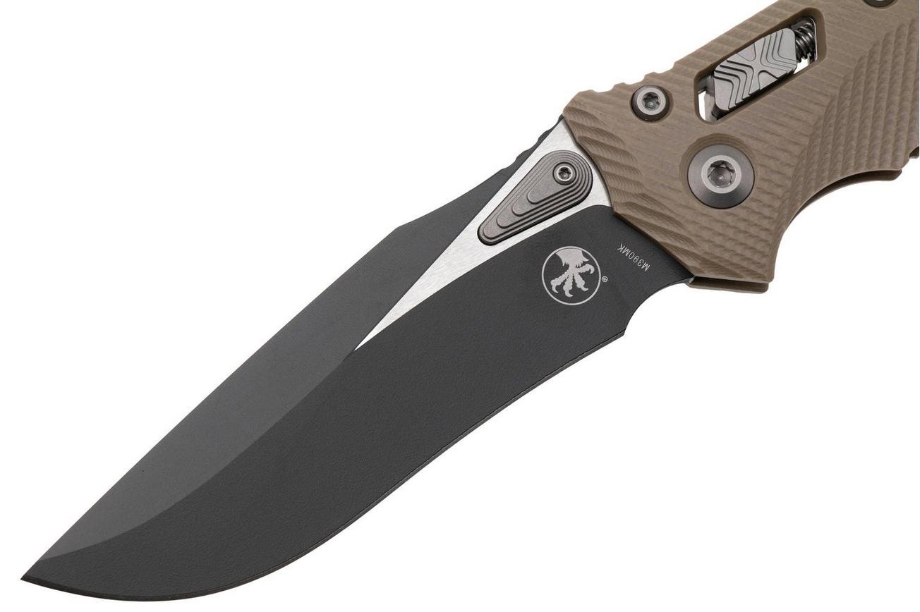 Microtech Amphibian 137RL-1FLGTTA, Two Tone Black M390MK, Fluted Tan G-10 zakmes