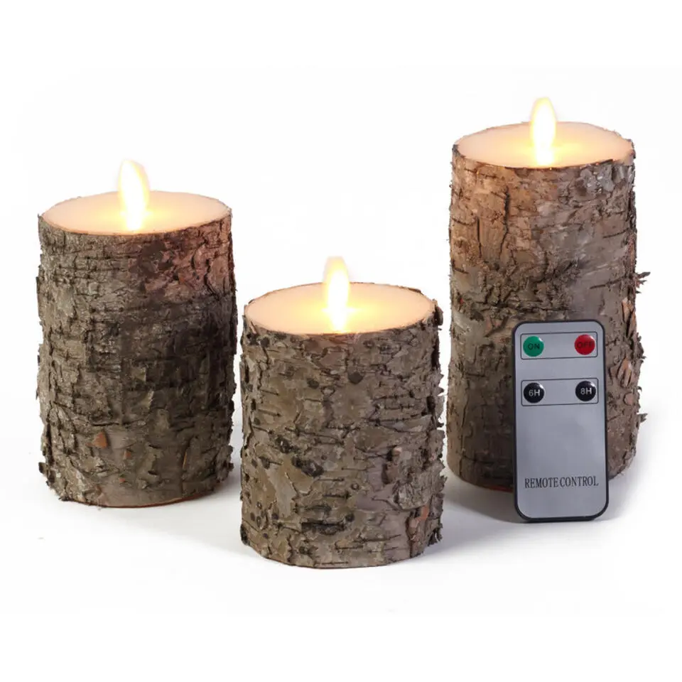 Anna's Collection Stompkaarsen - 3 stuks - berkenhout - LED