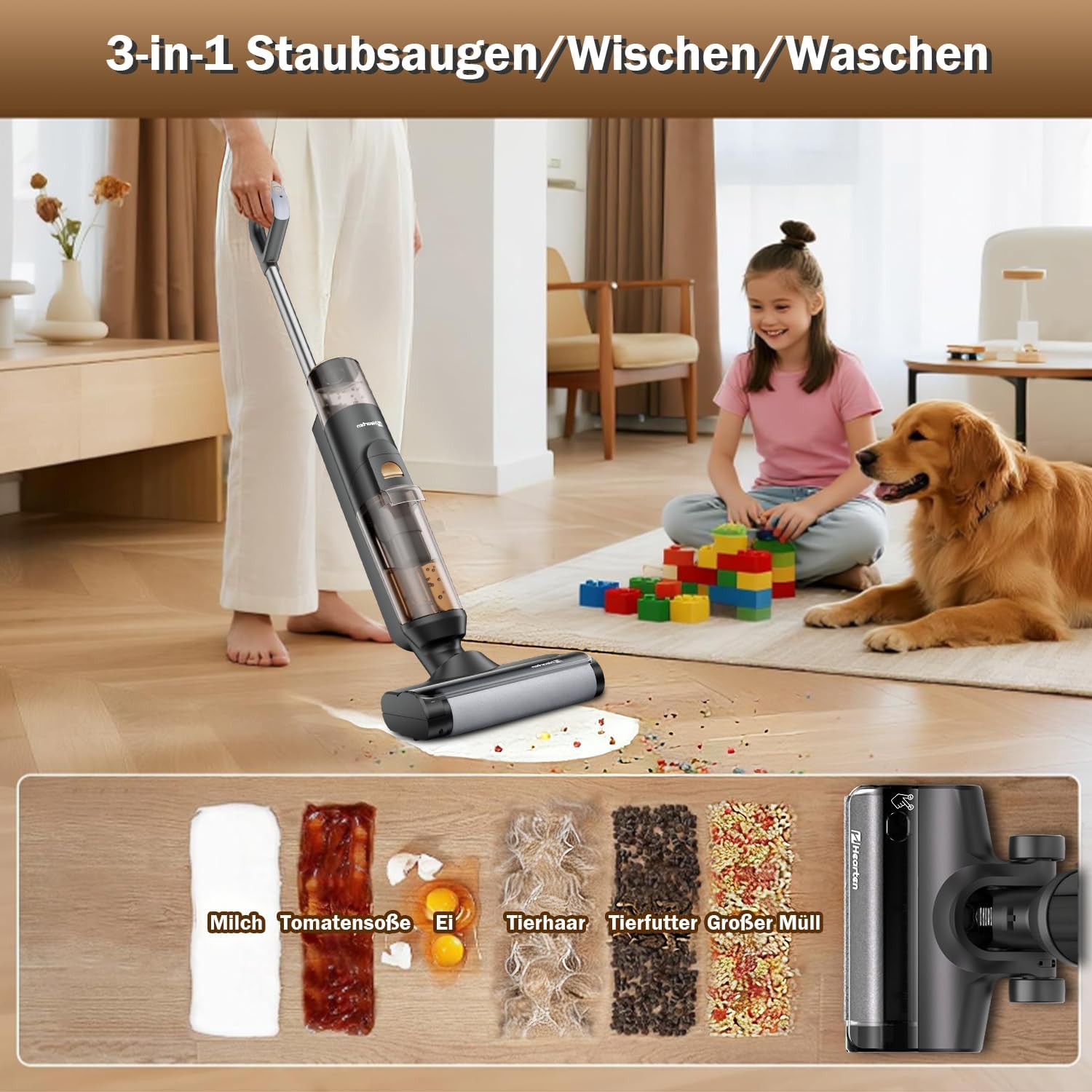 Hearten Nass Trockensauger, Selbstreinigung, Staubsauger mit Wischfunktion, Kantenreinigungsbürste, Für Hartböden, Tierhaare, Intelligente Schmutzerkennung, Sprachansagen.