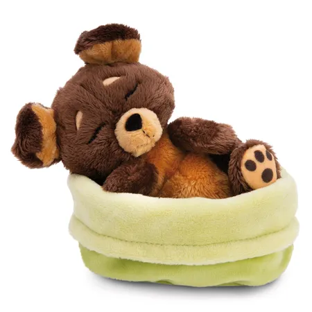 NICI Kuscheltier Hund braun 12cm schlafend im Körbchen grün GREEN