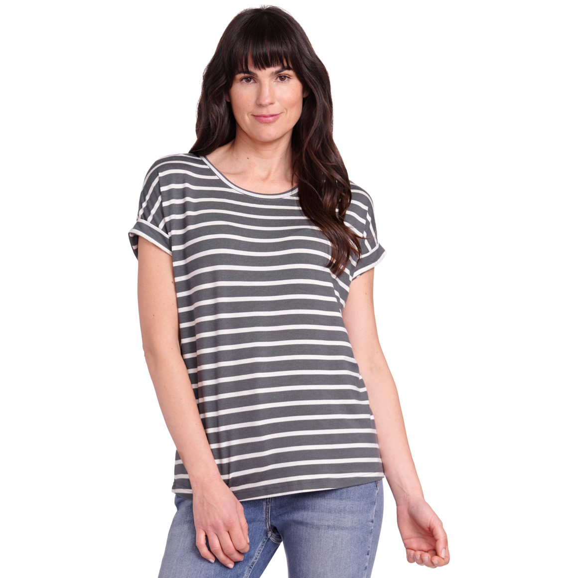 Gina Benotti Damen T-Shirt mit fixierten Turn-ups grau / weiss