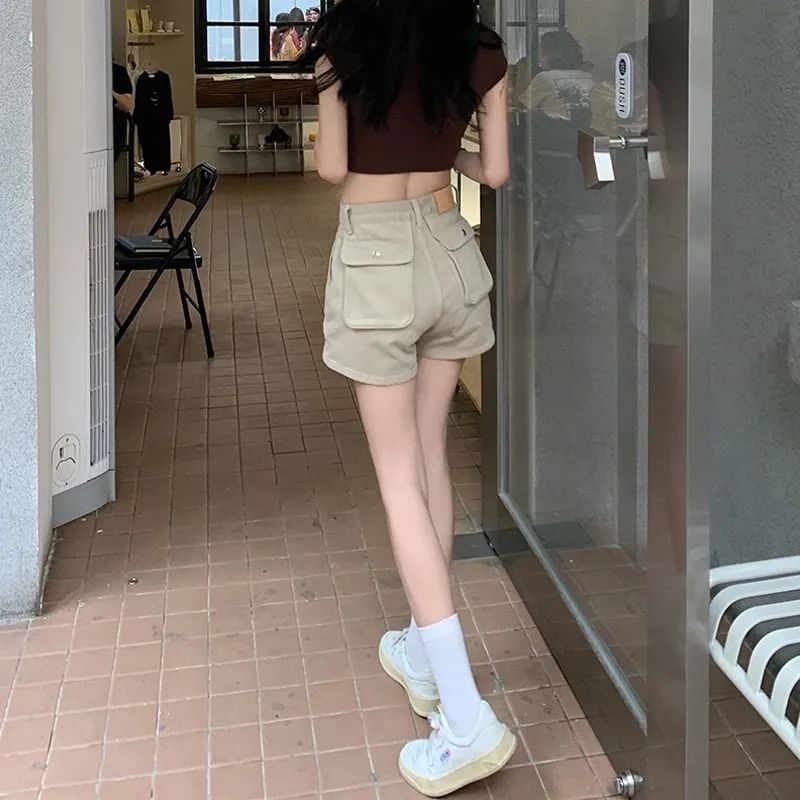 Coline - Hoge taille denim cargo shorts met wijde pijpen