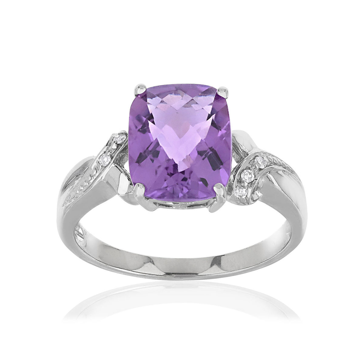 Bague or 375 blanc améthyste rectangulaire et diamants